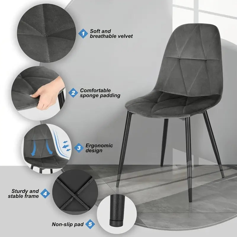 Lot de 4 chaises de salle à manger en velours, Assise Rembourré, Pieds en métal, - Gris foncé