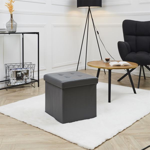 Pouf pliable coffre de rangement lisse gris