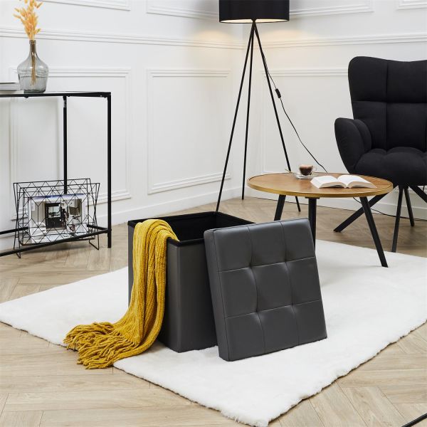 Pouf pliable coffre de rangement lisse gris