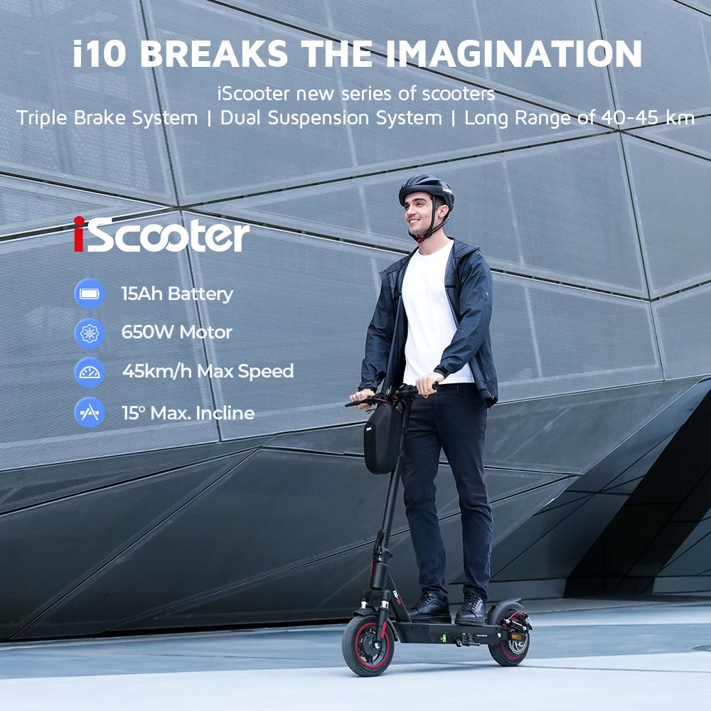 IScooter-Trottinette Électrique Pliable i10, Autonomie Maximale de 45km, 650W, 15Ah, 10 Pouces