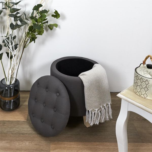 Pouf coffre rond capitonné gris