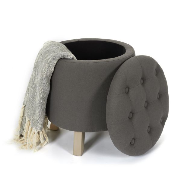 Pouf coffre rond capitonné gris