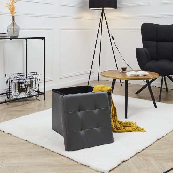 Pouf pliable coffre de rangement lisse gris